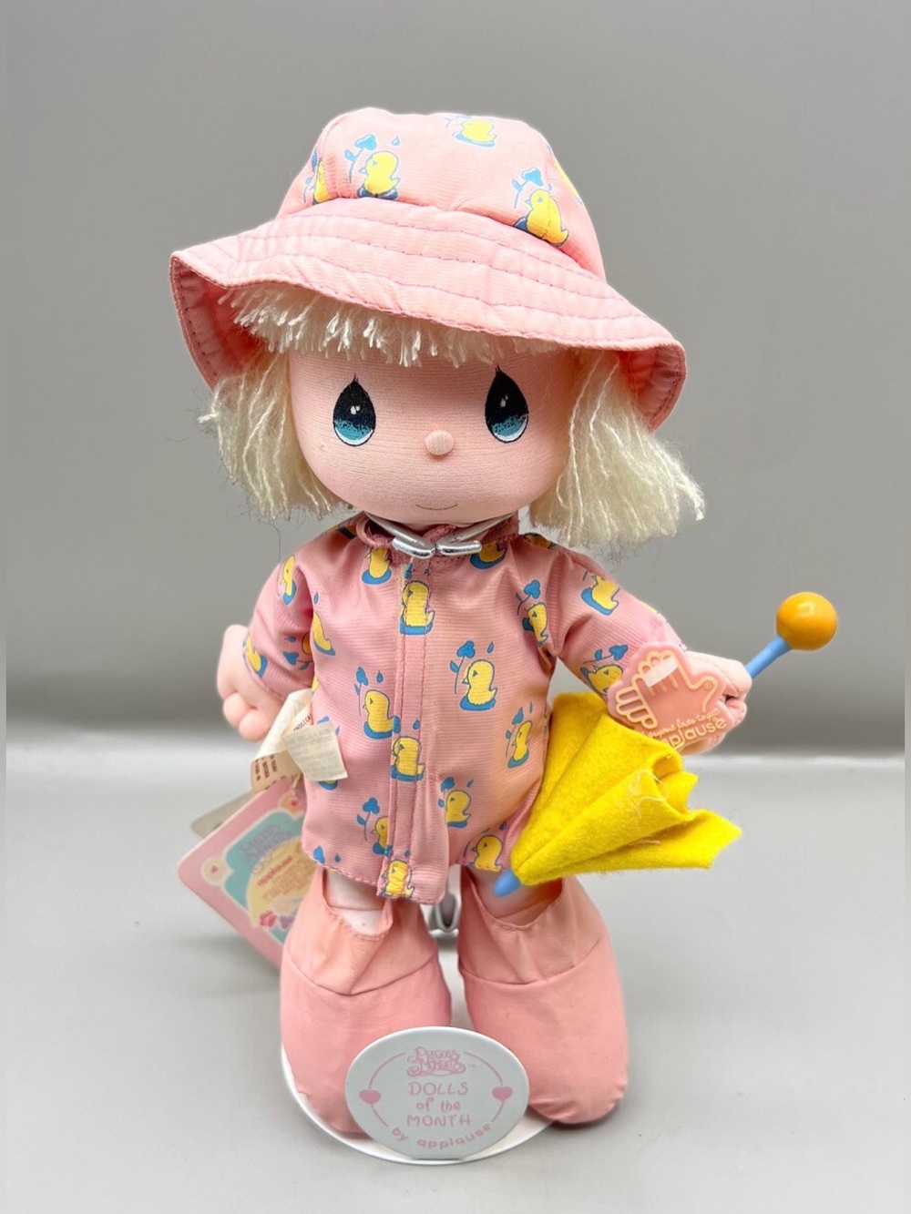 Precious Moments Pink Duck-Print Rain Doll with Yellow Umbrella